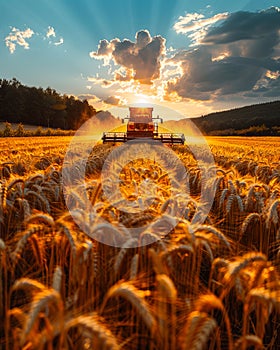 A combine harvester in a wheat field at sunset