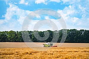 Combine harvester at work harvesting a field of wheat. Agricultural machinery theme.