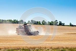 Combine harvester working in a field