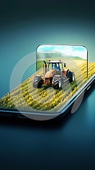 Combine harvester working on a field. Smart farming concept tractor on a smartphone.