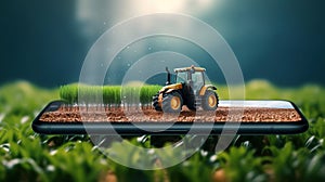 Combine harvester working on a field. Smart farming concept tractor on a smartphone.
