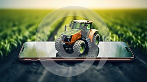 Combine harvester working on a field. Smart farming concept tractor on a smartphone.