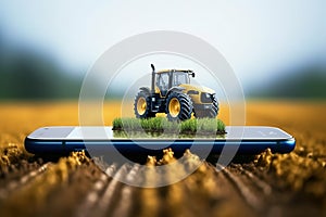 Combine harvester working on a field. Smart farming concept tractor on a smartphone.