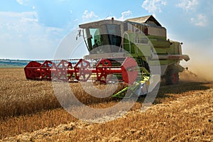 Combine harvester working on a golden ripe wheat field on a bright summer day against blue sky with clouds. Grain dust in the air