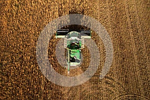 Combine harvester working on harvesting rapeseed, aerial view. Farm Harvest season in rural. Harvester for agriculture work.