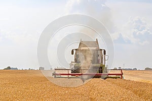 Combine harvester working on a wheat field. Harvesting wheat