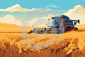 Combine harvester working in wheat field. Wheat harvesting process with modern combine, vector