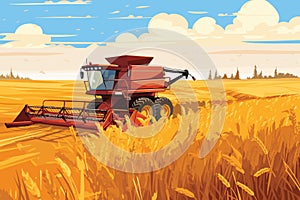 Combine harvester working in wheat field. Wheat harvesting process with modern combine, vector