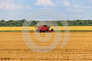 Combine harvester working on wheat field. Harvesting the wheat. Agriculture concept