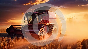 Combine harvester working on a wheat field at sunset. A tractor harvesting wheat starch in the sunset on a country field, AI