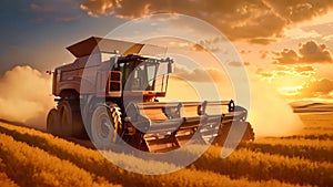 Combine harvester working on a wheat field at sunset. A tractor harvesting wheat starch in the sunset on a country field, AI