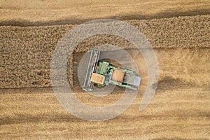 Combine harvesting: aerial view of agricultural machine collecting golden ripe wheat into truck.