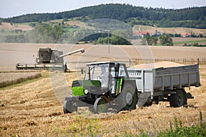 Combine harvesting a field of wheat