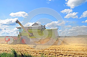 Combine harvesting wheat