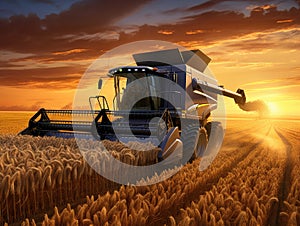 Combine Harvesting Wheat at Sunset. Generative AI.