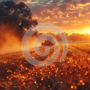 Combine harvests field of wheat at sunset