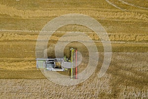 The combine harvests wheat from the field and pours it directly into the hopper. Photo from a drone, aerial view.