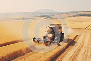 Combine reaper with cutterbar harvesting golden wheat in large field machine cropping cereals