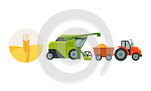 Combine Reaping and Harvesting Grain Crops from Field for Bread Production Vector Set photo