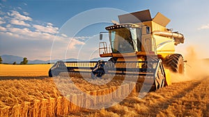 Combine is working on rye fields, harvest time golden sunset