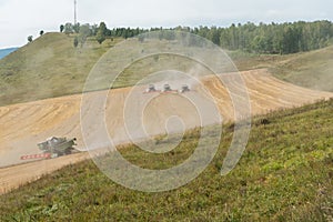 Combines collects the stubble remains in clouds of dust on the cutover field during harvesting