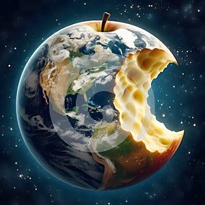 Combines elements of Earth's geography and features with the texture and appearance of a bitten apple.