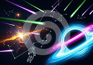 Combines elements of space exploration and celestial phenomena,