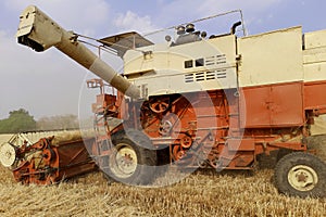 Combines harvester harvesting wheat on a bright day. Wheat cutting machine. Wheat harvesting by the combine