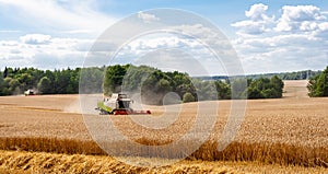 Combines at work in field during wheat harvesting