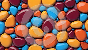 Combining maroon, yellow, orange, green and blue 3D stones to create a multicolored abstract background 3D render