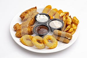 Combo plate of Onion Rings, Mozzarella cheese, Wedges, Breaded Shrimps, Chicken Sticks