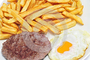 Combo platter with fried egg, burger and french fries