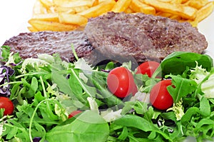 Combo platter with salad, burger and french fries