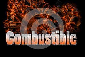 Combustible 3D illustration in fire text