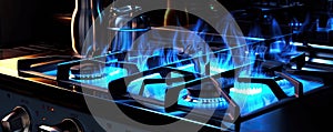 Modern kitchen stove cook with blue flames burning. generative ai