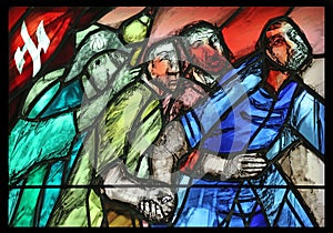 Come, Follow me, detail of stained glass window in Chapel in the Jesuit cemetery in Pullach, Germany