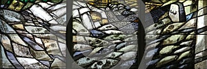 Come, Follow me, detail of stained glass window in Chapel in the Jesuit cemetery in Pullach, Germany