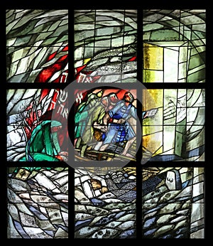 Come, Follow me, detail of stained glass window in Chapel in the Jesuit cemetery in Pullach, Germany