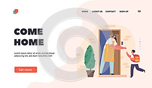 Come Home Landing Page Template. Joyful Mother Meeting Her School-aged Son At Home Doorway. Familial Love, Parenting photo