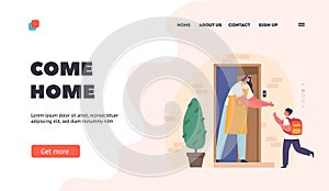 Come Home Landing Page Template. Joyful Mother Meeting Her School-aged Son At Home Doorway. Familial Love, Parenting