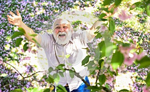 Come with me. Human emotions and expressions. Very old man portrait. thinking about youth in park or garden. happy man