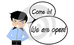 Come in we are open, boy, cartoon, english, isolated
