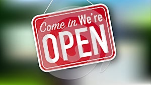 Come in we're open hanging sign on white background. Sign for door. stock illustration