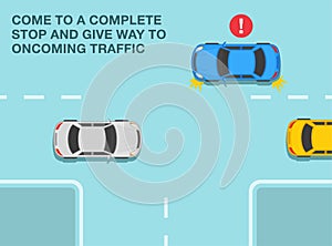 Come to a complete stop and give way to oncoming traffic. Top view of a car is about to turn left at t-junction.