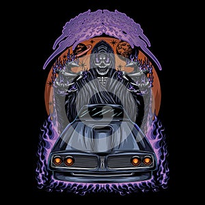 Come to hell Reaper Car With Text Illustration