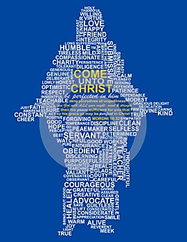 Collage of Words - Come unto Christ on Blue Background photo