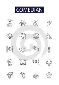 Comedian line vector icons and signs. Stand-Up, Improviser, Jokester, Entertainer, Satirist, Witty, Clown, Actor outline photo