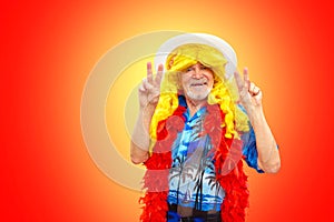 Comedian in wig and retro female hat