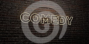 COMEDY -Realistic Neon Sign on Brick Wall background - 3D rendered royalty free stock image