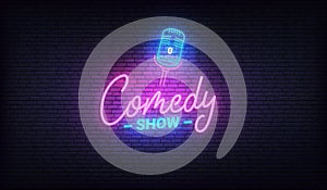 Comedy show neon template. Comedy lettering and glowing neon microphone